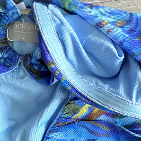 NWT OUTCAST CLOTHING KATIE STRAPLESS MINI DRESS AZURE FEATHER L Mesh Ruffle Y2K - Picture 12 of 15